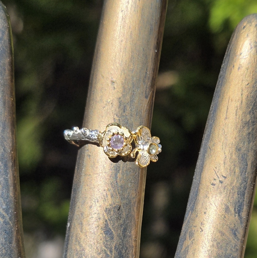 Tanzanite & Blue Topaz Flower & Butterfly Sterling & Gold Ring Sz6 Adjustable - Picture 6 of 9